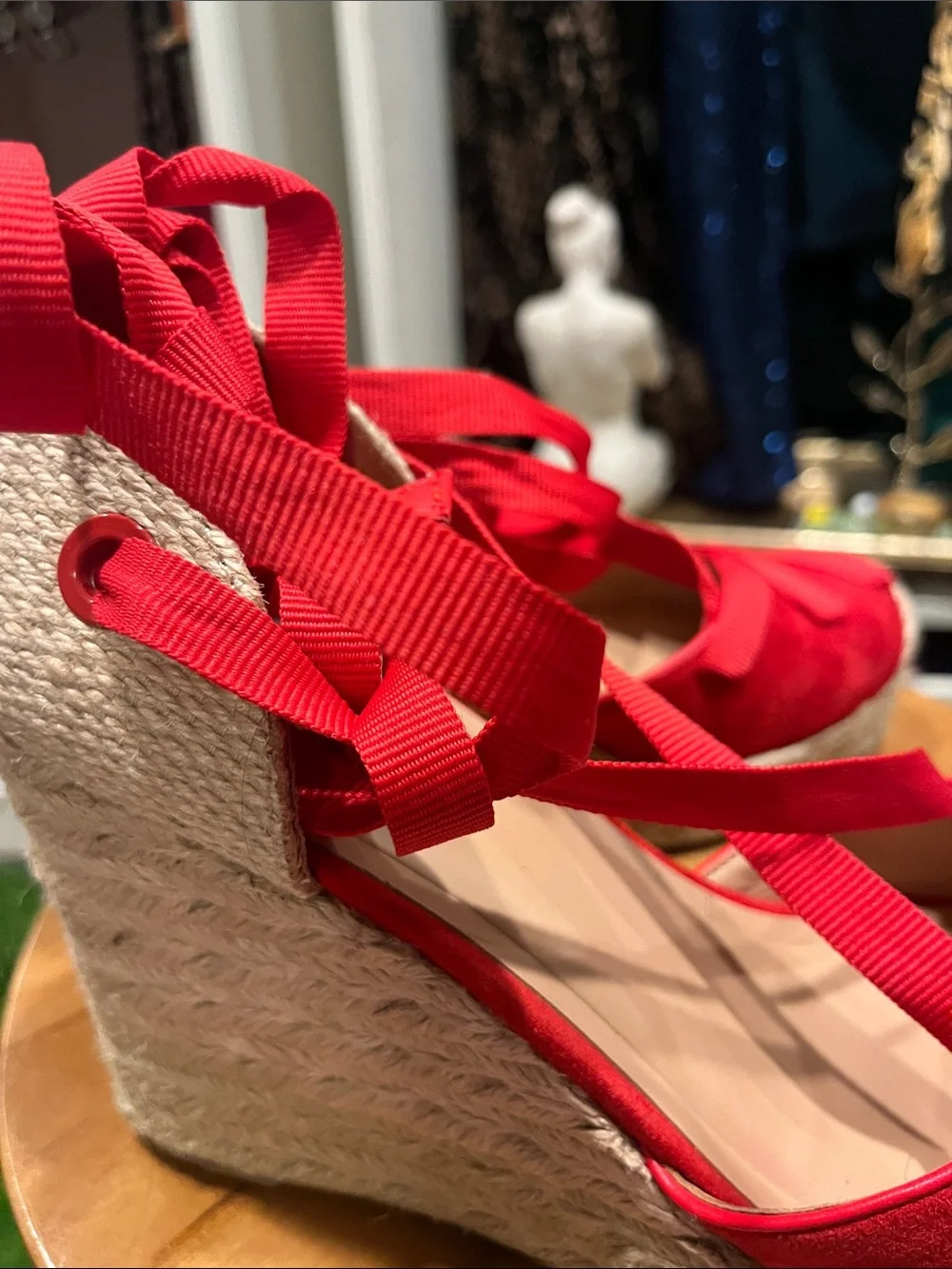 Red Espadrille Wedge Lace-Up Sandals